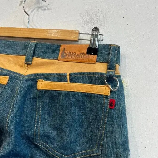 [BUNJANG] Blue Made Vintage Leather Fringe Denim Pants / 일본빈티지 Blue made 레더트리밍 프린지 데님팬츠