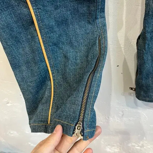 [BUNJANG] Blue Made Vintage Leather Fringe Denim Pants / 일본빈티지 Blue made 레더트리밍 프린지 데님팬츠