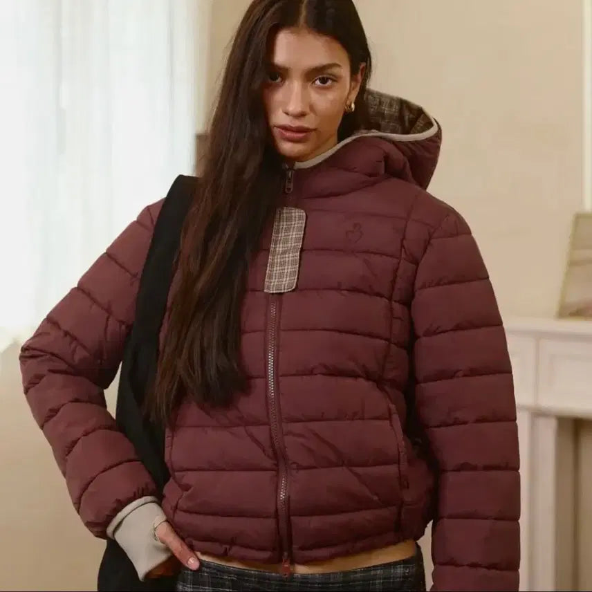 [BUNJANG] Bittercells Hooded Check Light Puffer Jacket Burgundy / 비터셀즈 후드 체크 라이트 푸퍼 자켓 버건디