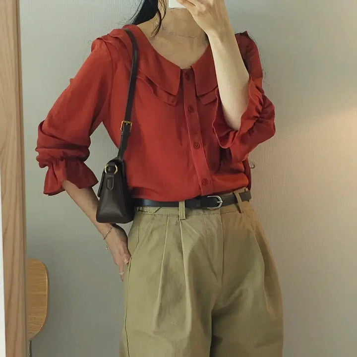 [BUNJANG] Miso Blouse - Frill Collar - Brick - S / (S)미쏘 여성 블라우스 프릴 카라 7부 W2452