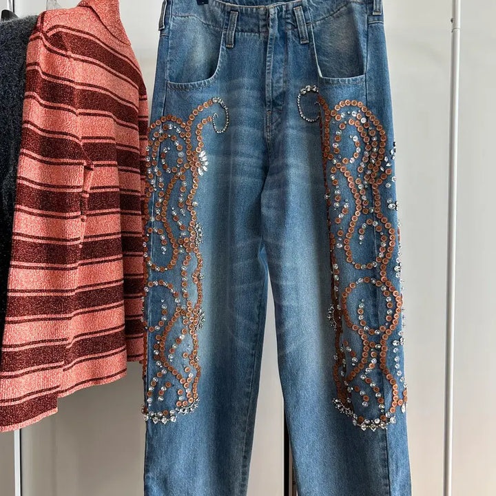 [BUNJANG] Bluemarble Denim Pants / 블루마블 비즈 장식 데님 팬츠