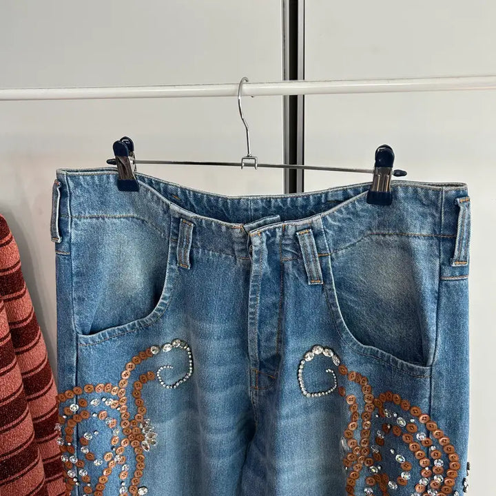 [BUNJANG] Bluemarble Denim Pants / 블루마블 비즈 장식 데님 팬츠