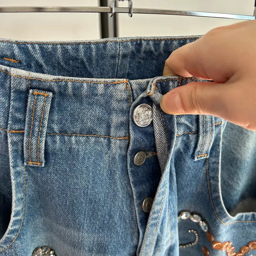 [BUNJANG] Bluemarble Denim Pants / 블루마블 비즈 장식 데님 팬츠