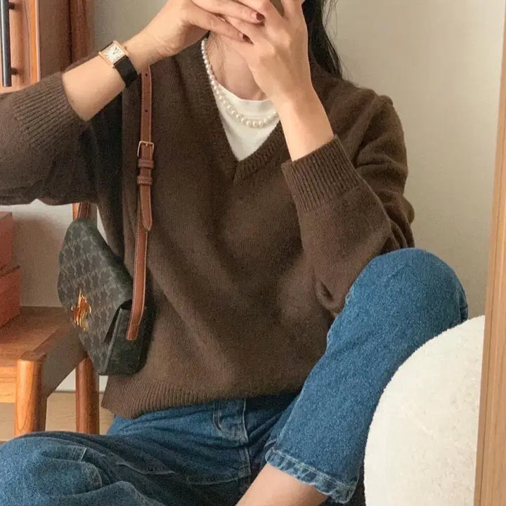 [BUNJANG] V-Neck Knit (Brown) / 브이넥 니트(브라운)