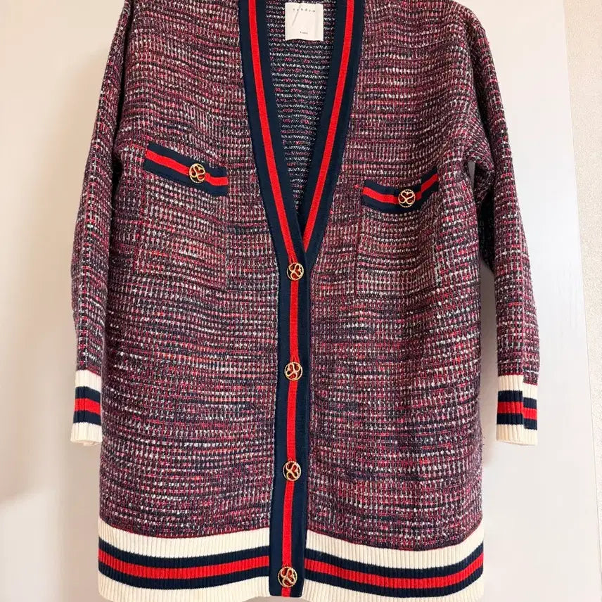 [BUNJANG] Sandro Tweed Cardigan Red Color Block / 산드로 트위드 가디건 레드 배색