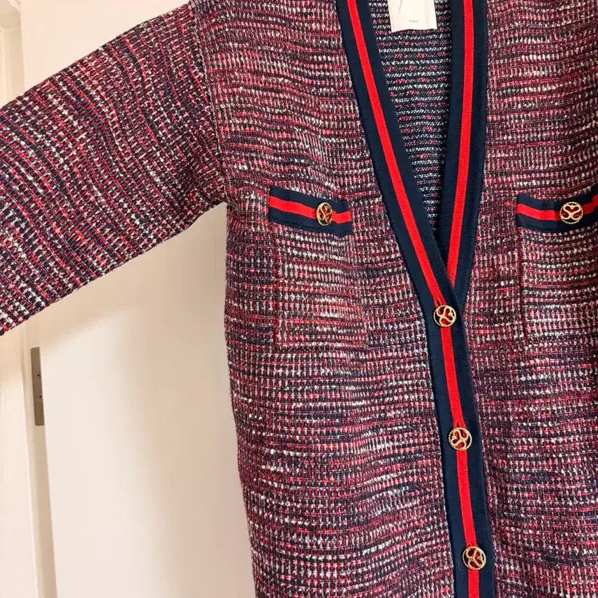[BUNJANG] Sandro Tweed Cardigan Red Color Block / 산드로 트위드 가디건 레드 배색
