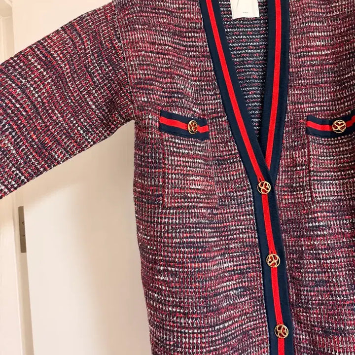 [BUNJANG] Sandro Tweed Cardigan Red Color Block / 산드로 트위드 가디건 레드 배색