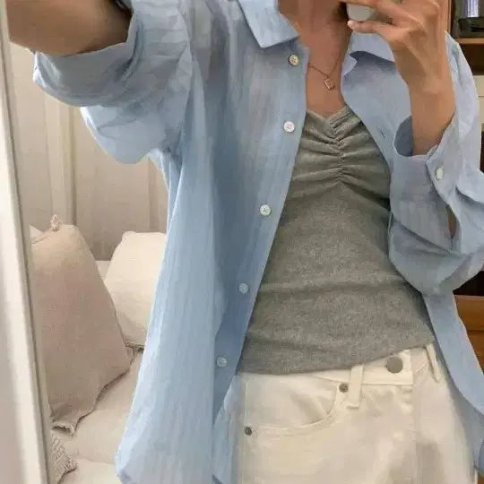 [BUNJANG] Linen Silk See-through Striped Shirt (Pink) / 린넨 실크 시스루 스트라이프 셔츠 (핑크)
