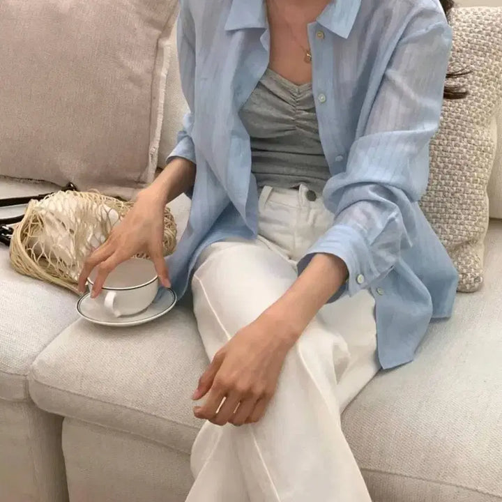 [BUNJANG] Linen Silk See-through Striped Shirt (Pink) / 린넨 실크 시스루 스트라이프 셔츠 (핑크)