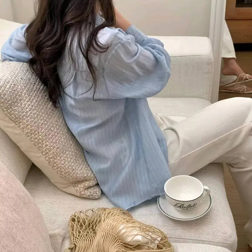 [BUNJANG] Linen Silk See-through Striped Shirt (Pink) / 린넨 실크 시스루 스트라이프 셔츠 (핑크)