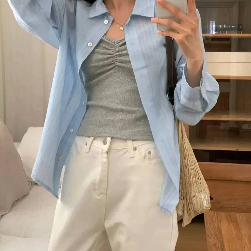 [BUNJANG] Linen Silk See-through Striped Shirt (Pink) / 린넨 실크 시스루 스트라이프 셔츠 (핑크)