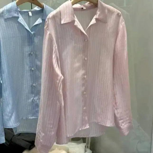 [BUNJANG] Linen Silk See-through Striped Shirt (Pink) / 린넨 실크 시스루 스트라이프 셔츠 (핑크)