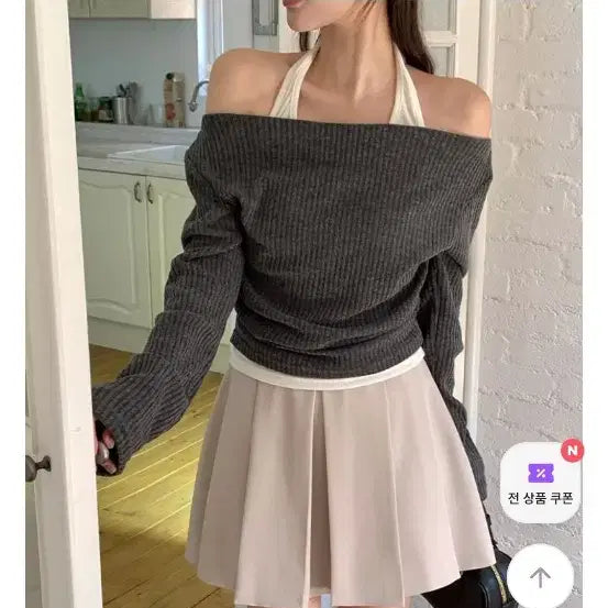 [BUNJANG] Attrangs Ribbed Halter Neck Off-Shoulder Top / (새상품)아뜨랑스 골지 홀터넥 오프숄더_차콜