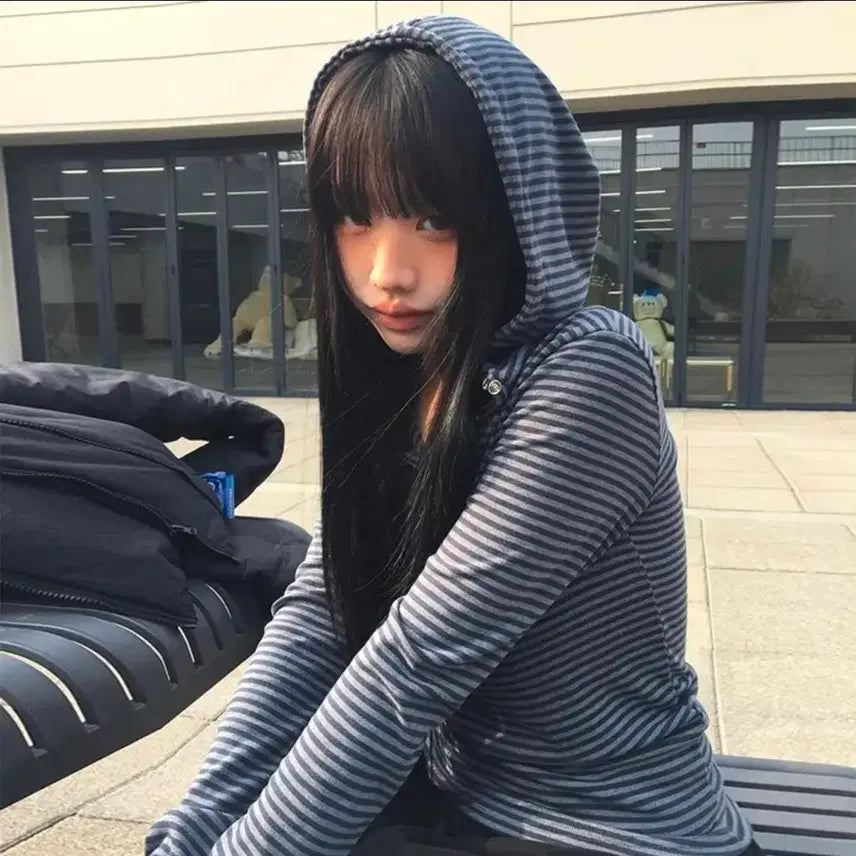 [BUNJANG] Anymore Striped Snap Button Hoodie T-Shirt / 새상품)에이블리 애니원모어 스트라이프 러트 스냅 또또 후드 버튼 티셔츠