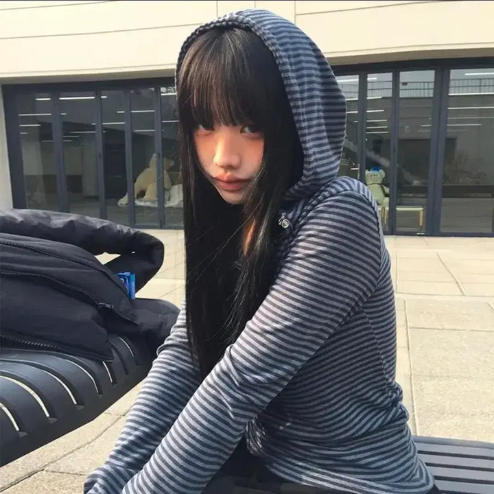 [BUNJANG] Anymore Striped Snap Button Hoodie T-Shirt / 새상품)에이블리 애니원모어 스트라이프 러트 스냅 또또 후드 버튼 티셔츠