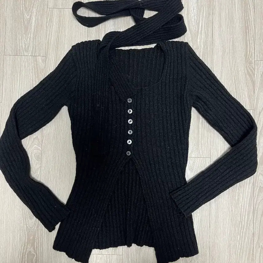 [BUNJANG] Black Scarf Ribbed Knit Set / 블랙 스카프 골지 니트 세트