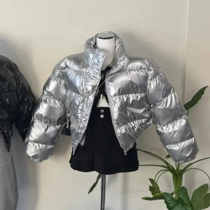 [BUNJANG] Unbranded Silver Glossy Crop Padded Jacket / 텍포 새상품 여성 실버 유광패딩 글로시 크롭패딩 숏패딩