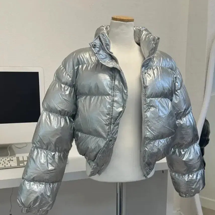 [BUNJANG] Unbranded Silver Glossy Crop Padded Jacket / 텍포 새상품 여성 실버 유광패딩 글로시 크롭패딩 숏패딩