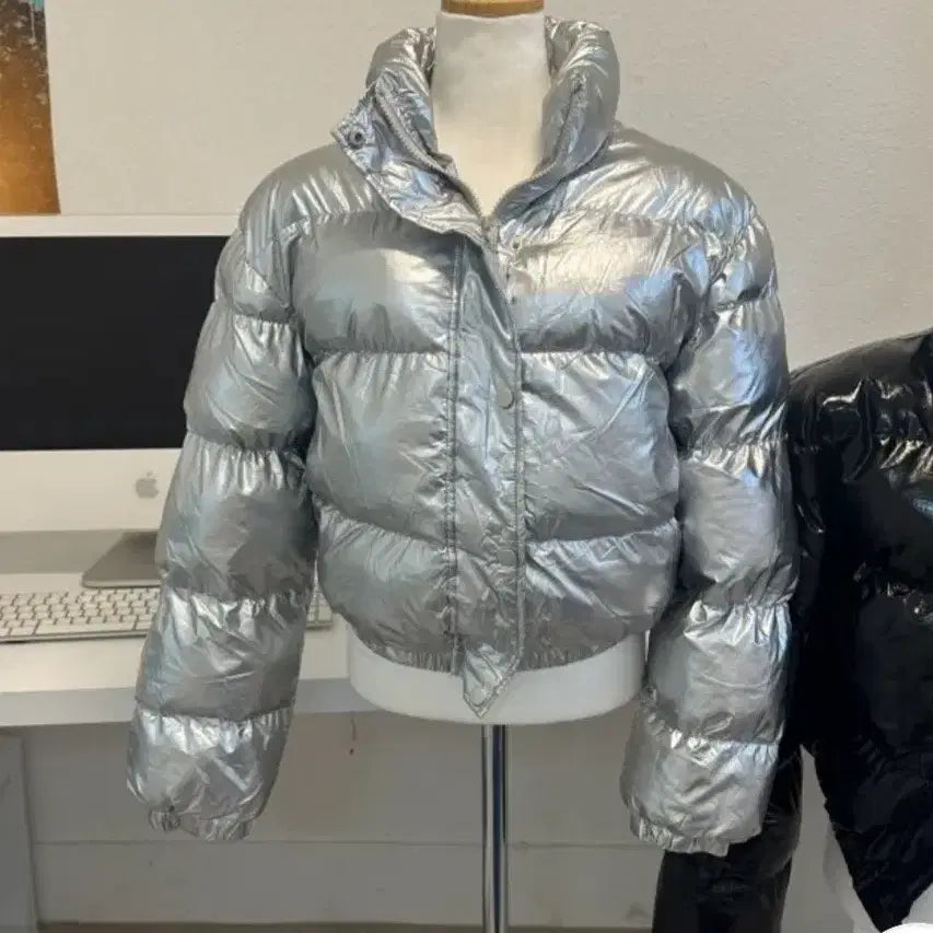[BUNJANG] Unbranded Silver Glossy Crop Padded Jacket / 텍포 새상품 여성 실버 유광패딩 글로시 크롭패딩 숏패딩