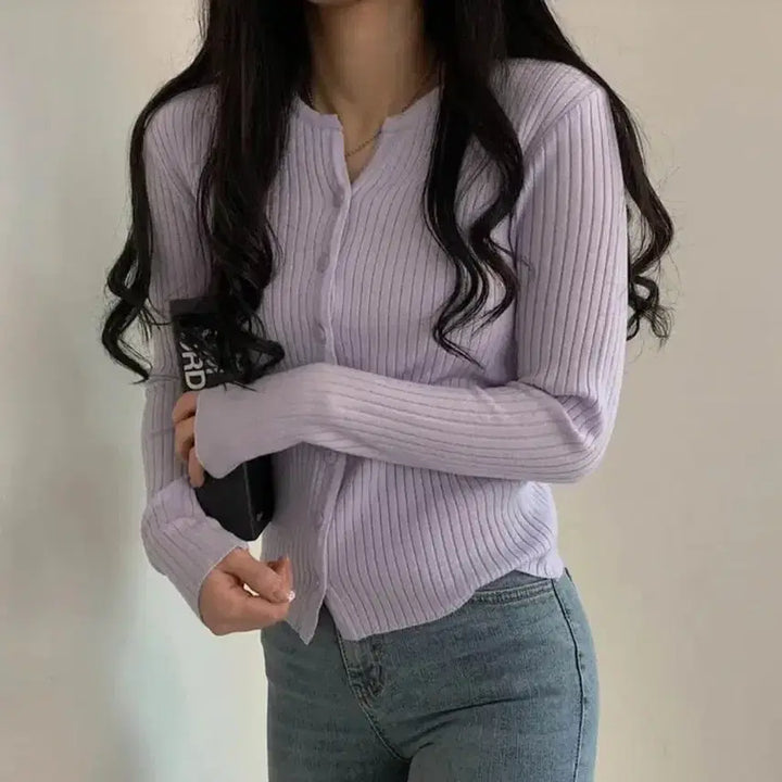 [BUNJANG] 에이블리 슈가파우더 연보라 여리핏 골지 니트 긴팔 가디건 교신가능 / 에이블리 슈가파우더 연보라 여리핏 골지 니트 긴팔 가디건 교신가능