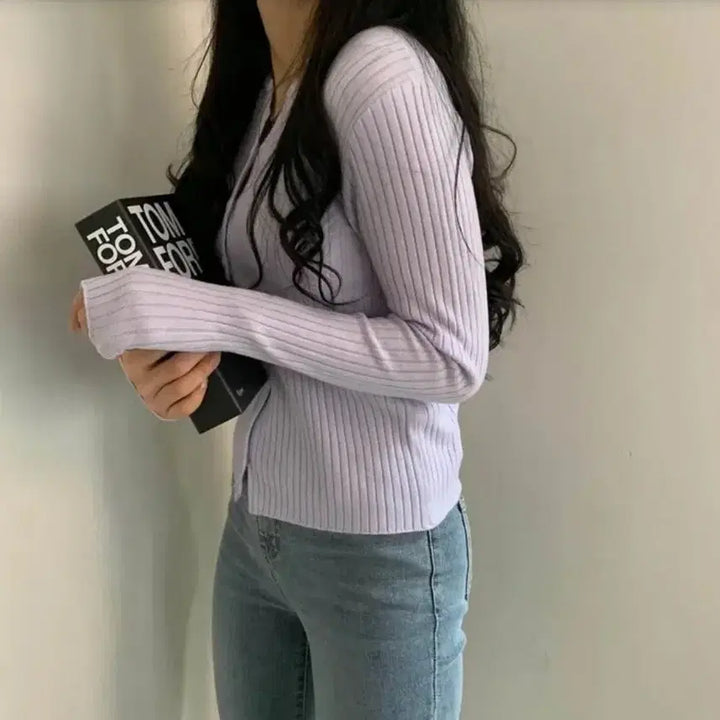 [BUNJANG] 에이블리 슈가파우더 연보라 여리핏 골지 니트 긴팔 가디건 교신가능 / 에이블리 슈가파우더 연보라 여리핏 골지 니트 긴팔 가디건 교신가능