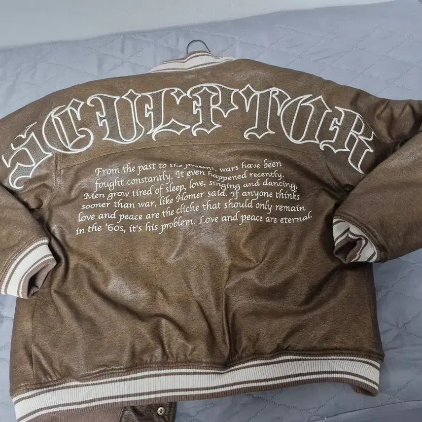 [BUNJANG] Sculptor Leather Varsity Jacket Brown / 스컬프터 레더 바시티 자켓 브라운