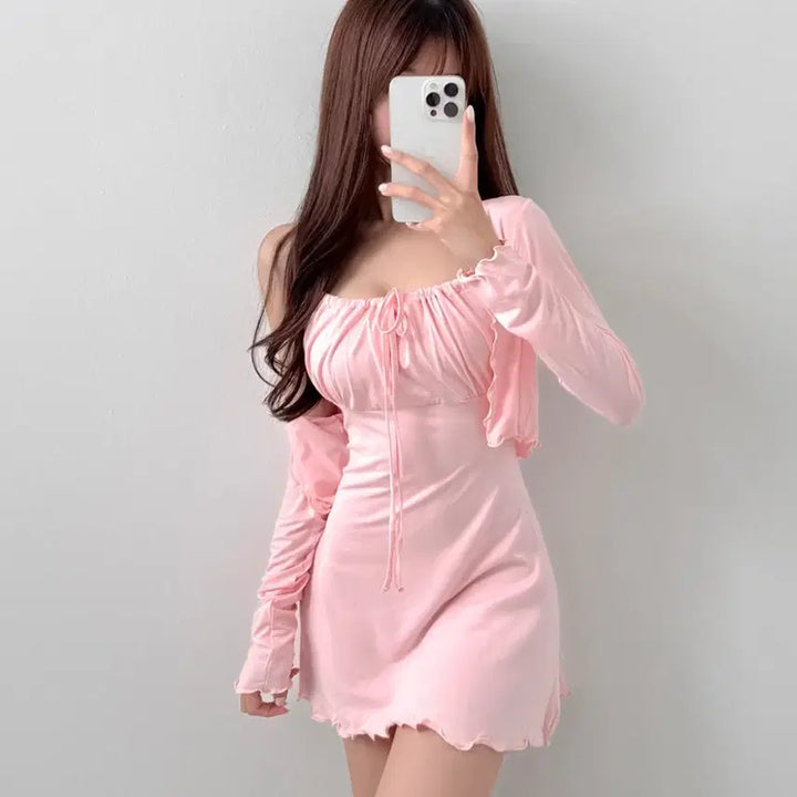 [SOLD OUT] (새상품) 리본 셔링 미니원피스 가디건 세트