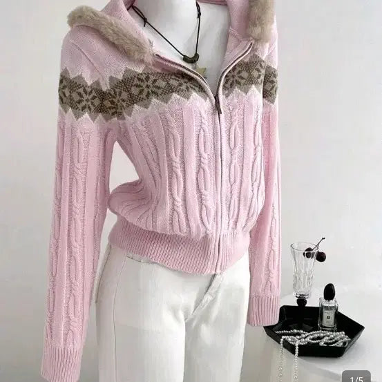 [BUNJANG] Vintage Ilbe Pink Pattern Hooded Knit Cardigan / 분홍 패턴 후드 니트 가디건 빈티지 일브 달천 양산형 레이스