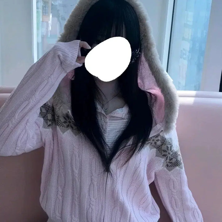 [BUNJANG] Vintage Ilbe Pink Pattern Hooded Knit Cardigan / 분홍 패턴 후드 니트 가디건 빈티지 일브 달천 양산형 레이스