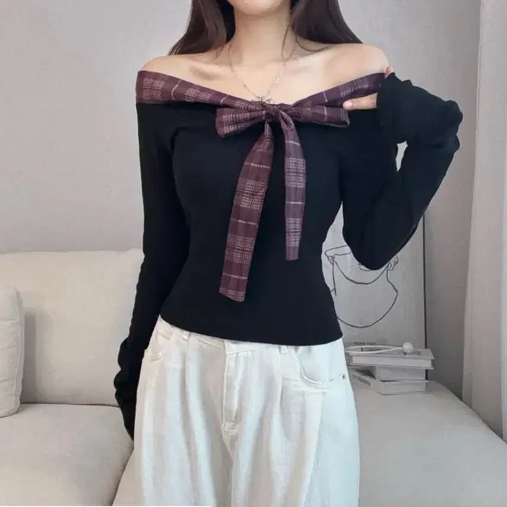 [BUNJANG] Off-Shoulder Long Sleeve Top / 체크 리본 오프숄더