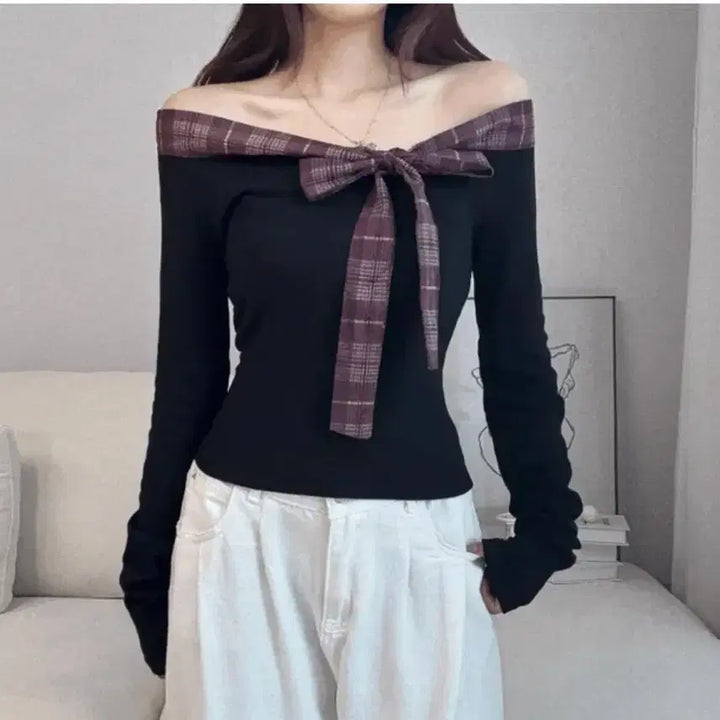 [BUNJANG] Off-Shoulder Long Sleeve Top / 체크 리본 오프숄더