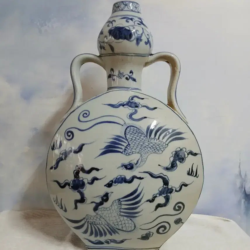 [BUNJANG] Ceramic Blue and White Porcelain Phoenix Bottle / 청화백자  봉황문 편병