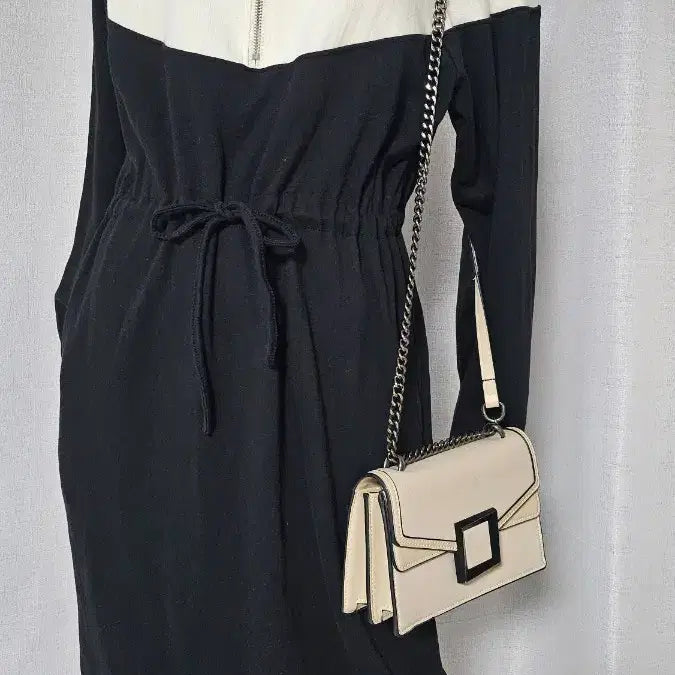 [BUNJANG] Ivory Black Zipper Waist Band Pocket Dress / 상태굿 아이보리 검정 지퍼 허리 밴드 주머니 원피스..반품 49 길이 1