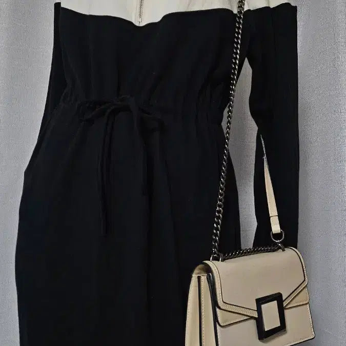 [BUNJANG] Ivory Black Zipper Waist Band Pocket Dress / 상태굿 아이보리 검정 지퍼 허리 밴드 주머니 원피스..반품 49 길이 1