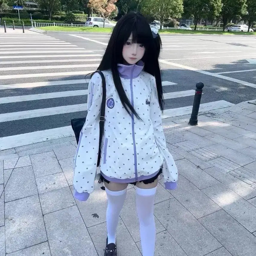 [BUNJANG] Subculture Dot Plush Zip-up Jacket / 지뢰계 서브컬처 도트 플러시 집업 재킷(2컬러)