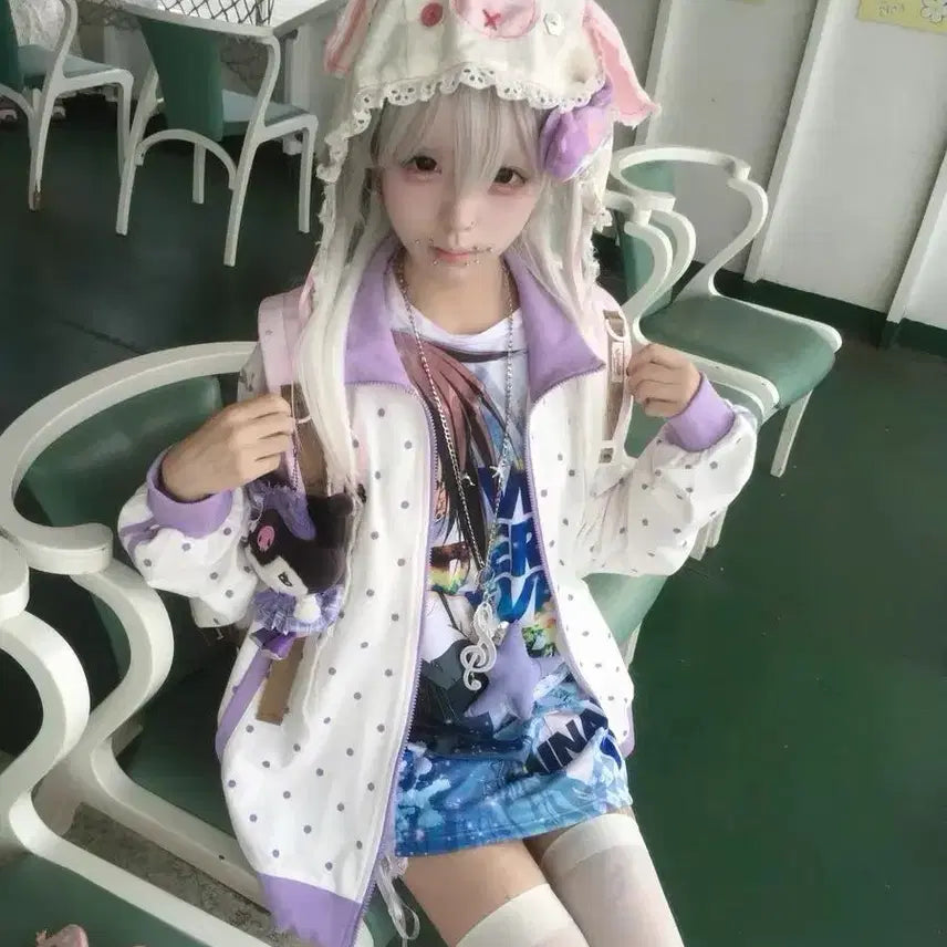 [BUNJANG] Subculture Dot Plush Zip-up Jacket / 지뢰계 서브컬처 도트 플러시 집업 재킷(2컬러)