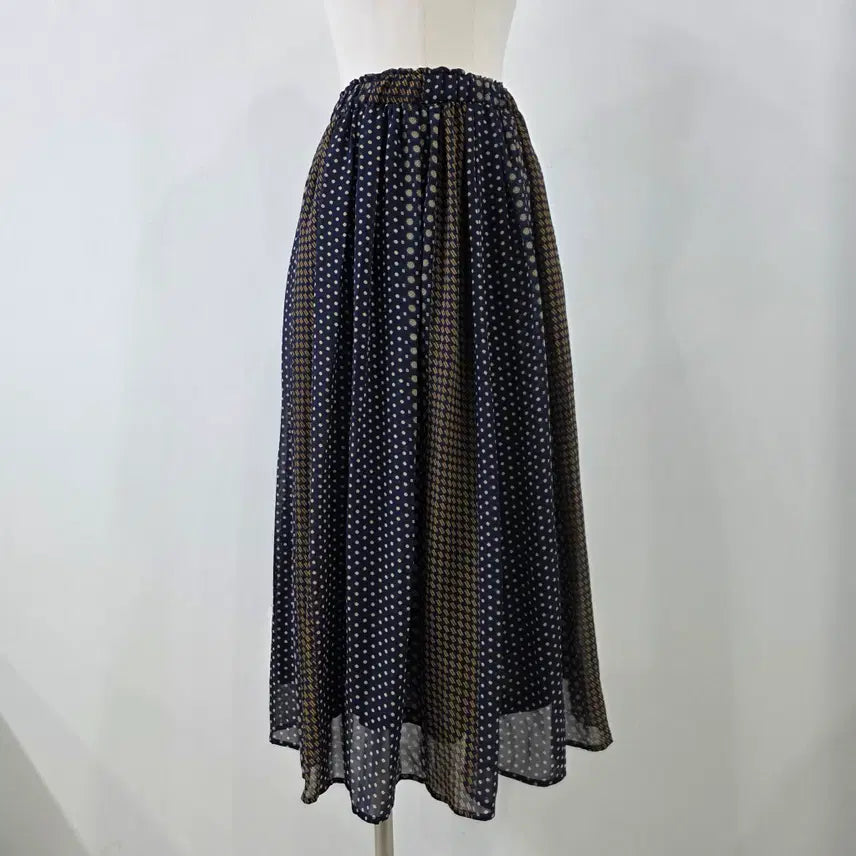 [BUNJANG] Vintage Navy Mix Pattern Chiffon Long Skirt / 네이비 믹스패턴 쉬폰 롱 스커트 일본빈티지