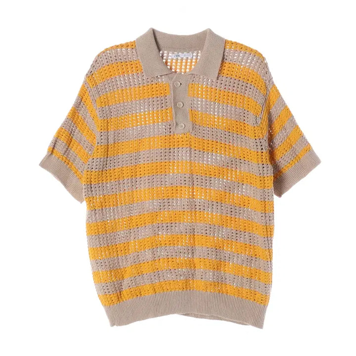 [BUNJANG] ZARA Yellow Stripe Short Sleeve Collar Knit / 자라 옐로우 스트라이프 반팔 카라 니트
