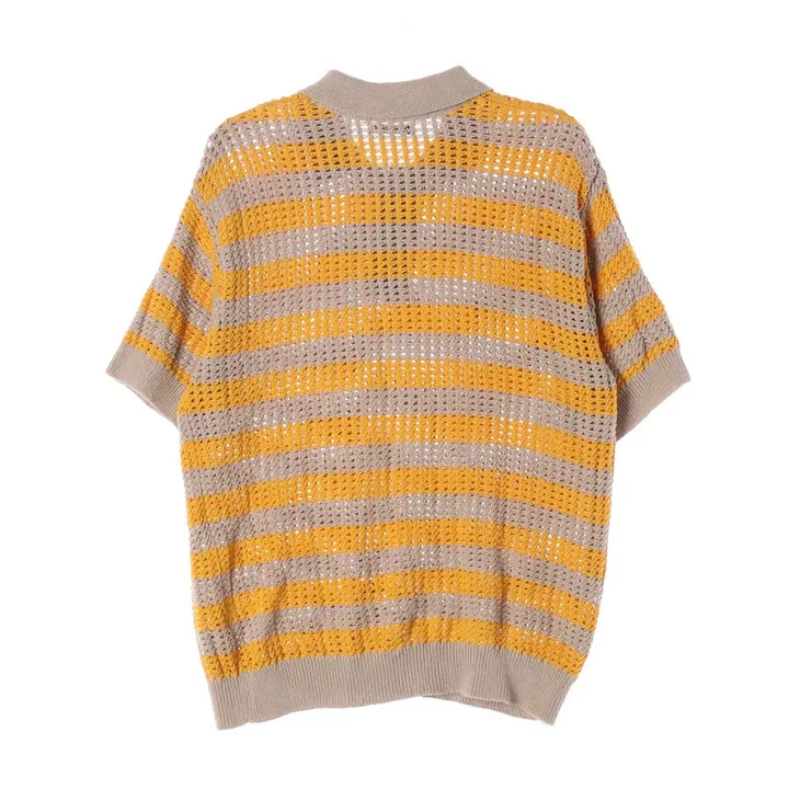 [BUNJANG] ZARA Yellow Stripe Short Sleeve Collar Knit / 자라 옐로우 스트라이프 반팔 카라 니트