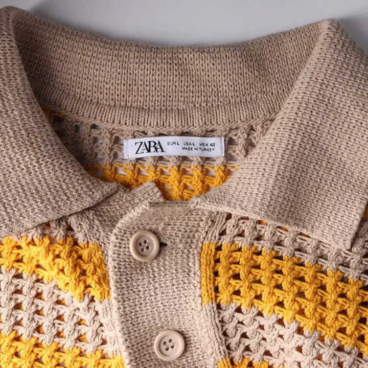 [BUNJANG] ZARA Yellow Stripe Short Sleeve Collar Knit / 자라 옐로우 스트라이프 반팔 카라 니트