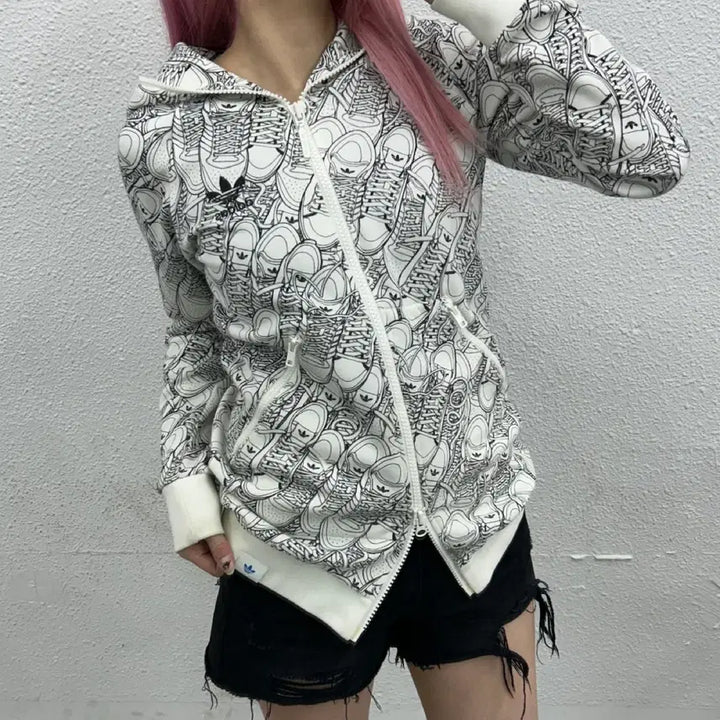 [BUNJANG] Adidas White Hooded Zip-up 95 / 아디다스 슈즈 패턴 프린팅 화이트 후드집업 95