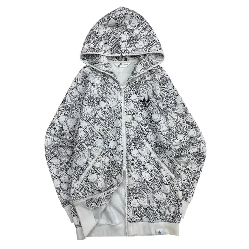 [BUNJANG] Adidas White Hooded Zip-up 95 / 아디다스 슈즈 패턴 프린팅 화이트 후드집업 95