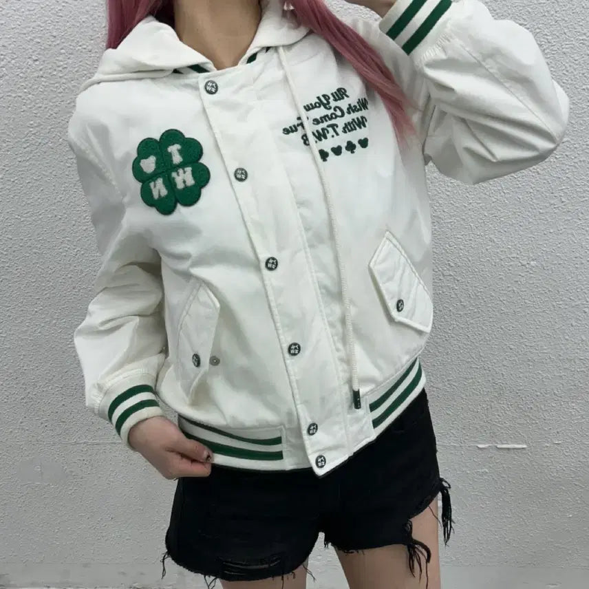 [BUNJANG] Tiny White Bear Green Hoodie Varsity Jacket / 티니위니 그린 베어 화이트 후드 바시티