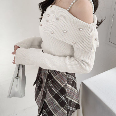 [BUNJANG] GRL Pearl Off-Shoulder Knit White / grl 진주 오프숄더 니트 화이트 스나계