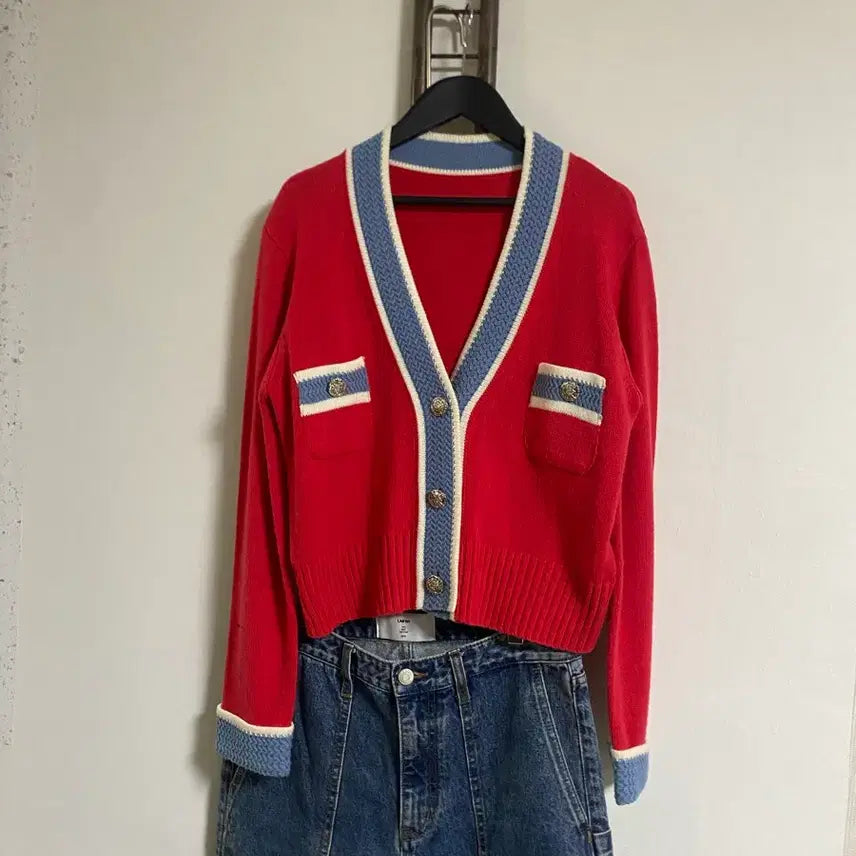 [BUNJANG] Red Tweed Knit Jacket (Size 66) / 레드 트위드 니트자켓 66