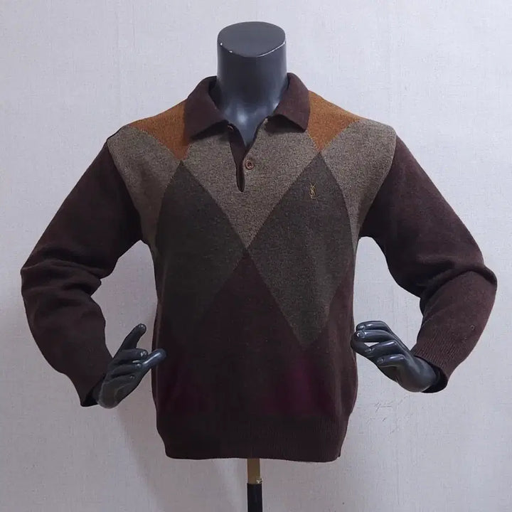 [BUNJANG] Saint Laurent Argyle Check Knit Polo / 입생로랑 아가일 체크 카라 니트