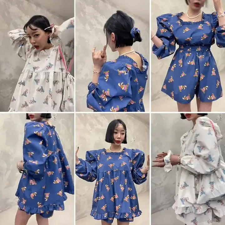 [BUNJANG] Toggengi Pajamas Set with Pouch and Hair Scrunchie / 토깽이잠옷 3set 파우치 헤어슈슈 (2color)