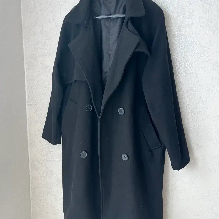 [BUNJANG] Black Double-Breasted Long Coat / 블랙 더블 버튼 롱 코트