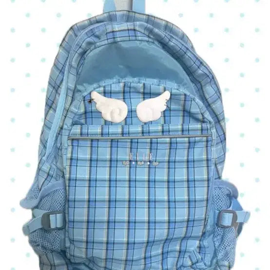 [BUNJANG] Sky Blue Angel Dot Check Elle Vintage Backpack / 스카이블루 엔젤 도트 체크 엘르 빈티지 백팩 모리걸