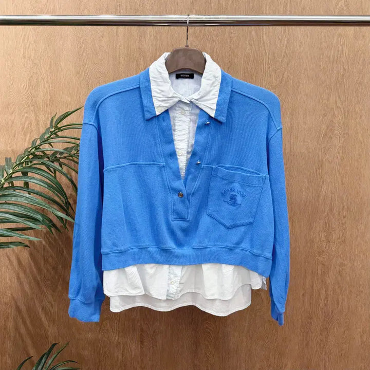 [BUNJANG] System Layered Lettering Embroidered Single Pocket Shirt / 시스템 셔츠 레이어드 맨투맨 레터링 자수 싱글 포켓 카라넥 디테일 블루